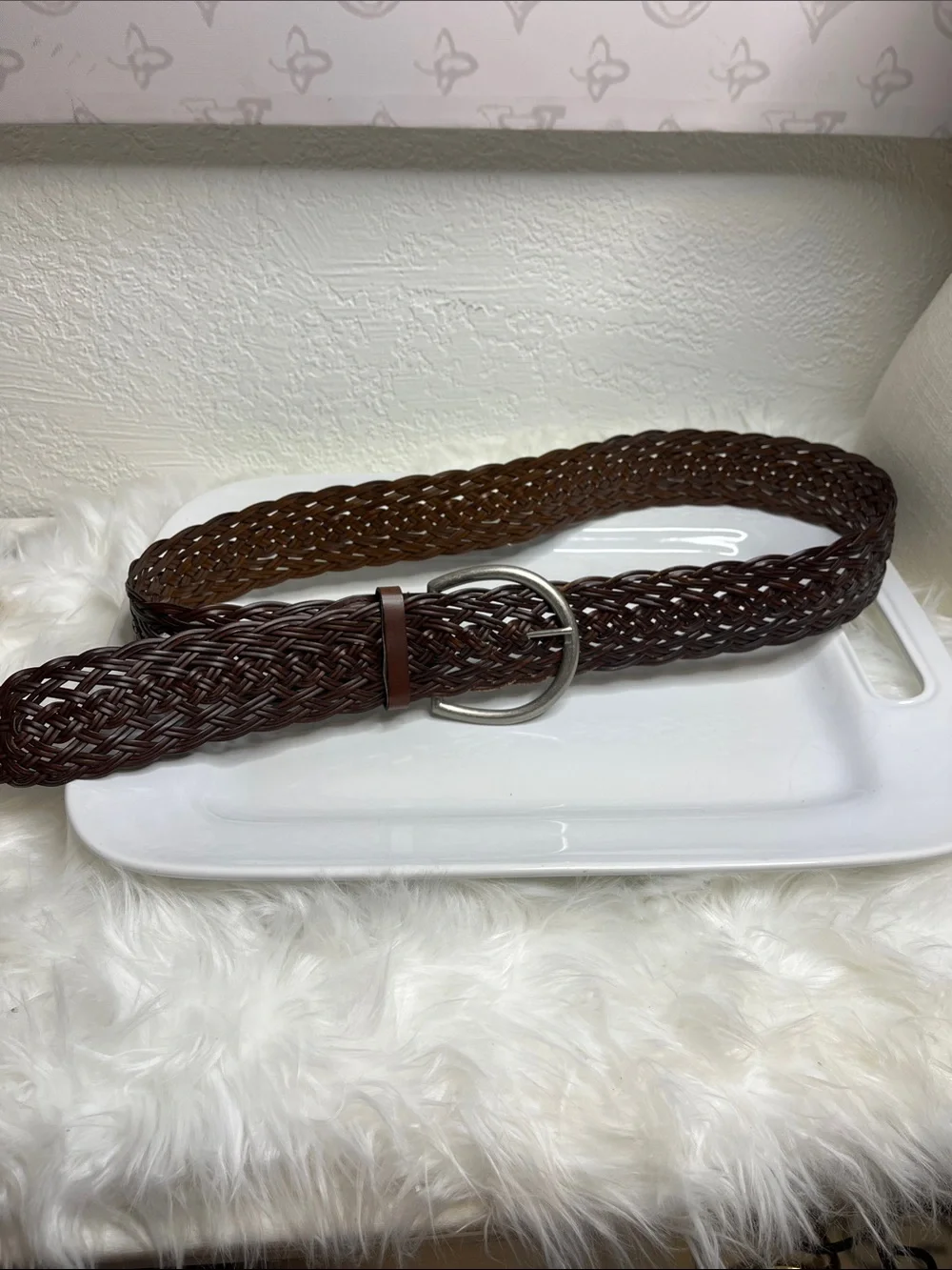 Lane Bryant Braided Leather Belt with Round Silver Buckle - Chestnut Brown